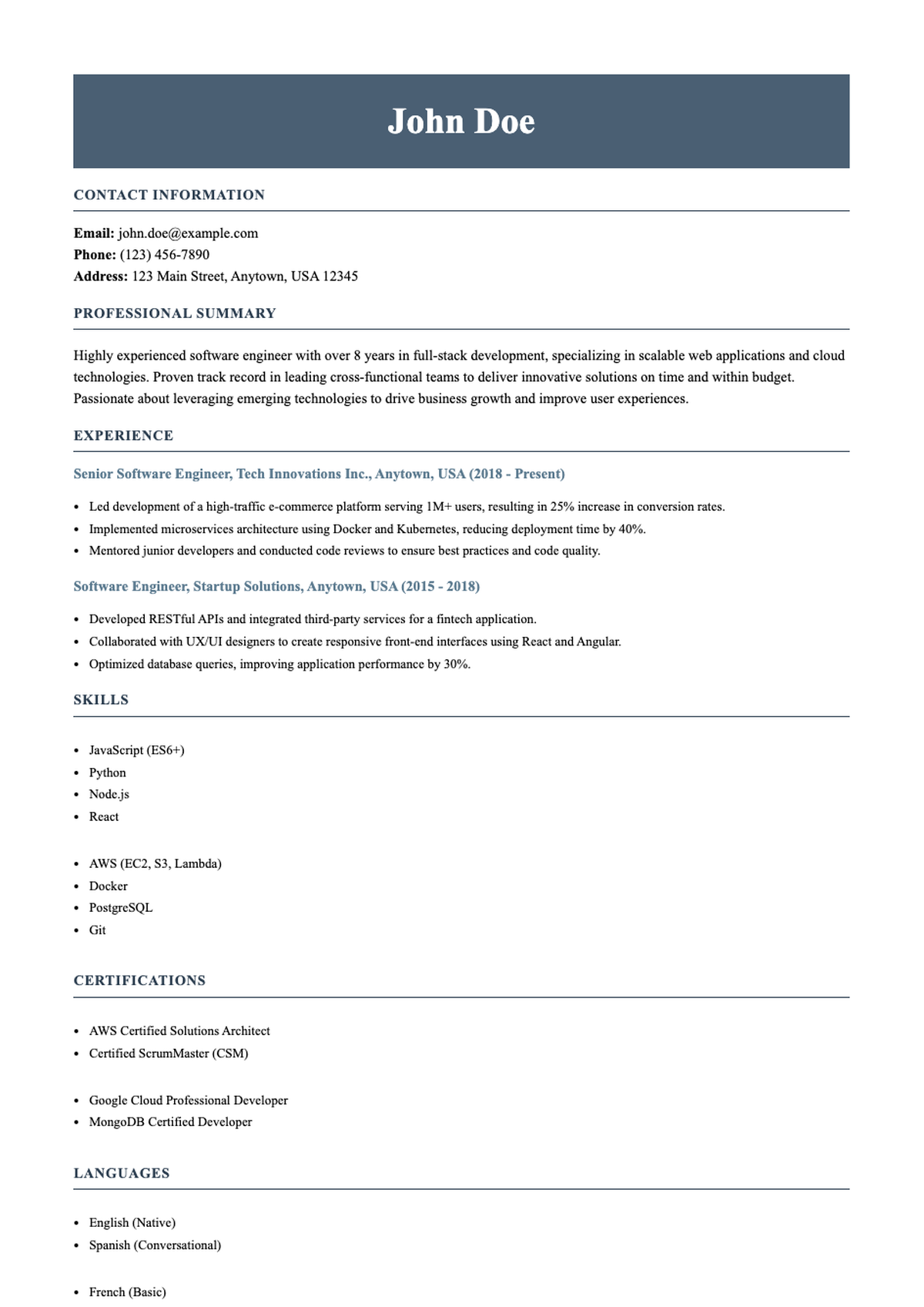 Professional software developer resume with skills certifications and experience highlights_variant_2